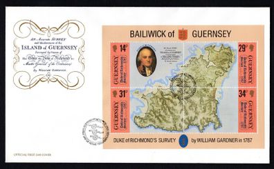 1987 Guernsey Bicentenary of Duke of Richmond's Survey of Guernsey Miniature Sheet Commemorative Stamps Official First Day Cover (FDC)