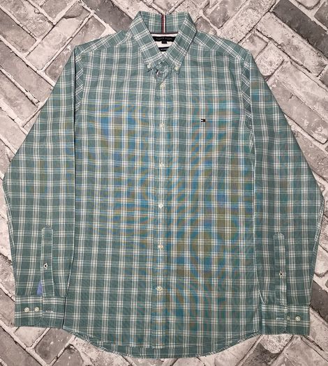 Tommy Hilfiger 80's 2 Ply Mens Green Check Long Sleeve Shirt Size Small