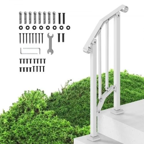 Handrails for Outdoor Steps, 1-2 Step Stair Hand Rail Kit, Transitional Carbon Steel Railings with Installation Kit, Stair Rails for Seniors, Concrete Steps & Porch & Deck, White Retro Arch