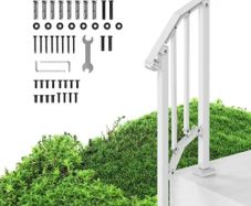 Handrails for Outdoor Steps, 1-2 Step Stair Hand Rail Kit, Transitional Carbon Steel Railings with Installation Kit, Stair Rails for Seniors, Concrete Steps & Porch & Deck, White Retro Arch
