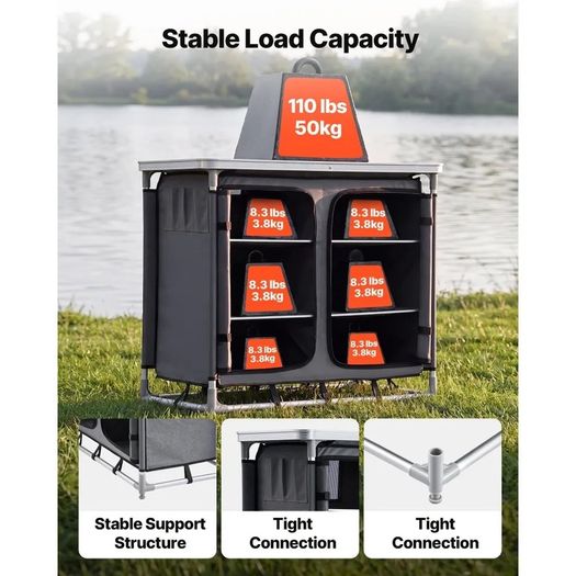 Camping Storage Cabinet, Outdoor Portable Aluminum Lightweight Table, Quick Set-up Compact Kitchen Cook Station, with 6 Shelves and Carry Bag, for Picnic, BBQ, Party, Camping, RV Traveling