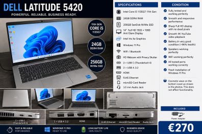 Dell Latitude 5420 14inch Business Laptop | Intel Core i5 11th Gen | 24GB RAM | Windows 11 Pro