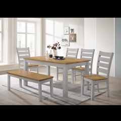 Solid Wood Dining Table Set + 4 Chairs & Bench