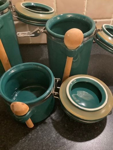 3 Ceramic Clip Jars With Wooden Spoons