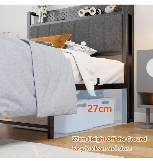 Single Bed Frame with Storage Headboard Shelf, No Box Spring Needed 3ft Upholstered Bed Frame with Heavy Duty Metal Slats, Easy Assembly,Gray, for Small Bedroom, Dorm, Guest Room