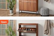 Shoe Cabinet with 2 Flip Drawers Mid-Century Shoes Storage Cabinet with Anti-Tipping Device, Freestanding Fluted Shoe Organizer