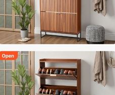 Shoe Cabinet with 2 Flip Drawers Mid-Century Shoes Storage Cabinet with Anti-Tipping Device, Freestanding Fluted Shoe Organizer