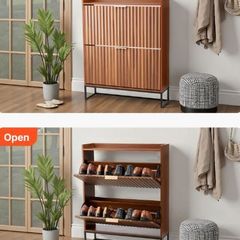 Shoe Cabinet with 2 Flip Drawers Mid-Century Shoes Storage Cabinet with Anti-Tipping Device, Freestanding Fluted Shoe Organizer