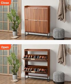 Shoe Cabinet with 2 Flip Drawers Mid-Century Shoes Storage Cabinet with Anti-Tipping Device, Freestanding Fluted Shoe Organizer