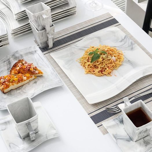 Stylish Modern Porcelain China Square 55 Piece Dinner Set, Marble Grey, Dinnerware, Dinner Party Set. Plates, Cups Mugs Bowls Egg Cups
