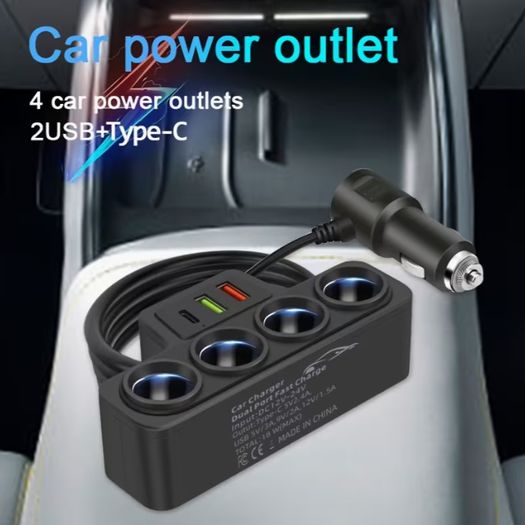 7-In-1 Multi-Function Car Charger Extendable to Rear Seats Features Type-C And Dual USB Ports Four Expansion Ports Wide Compatibility, Without Battery