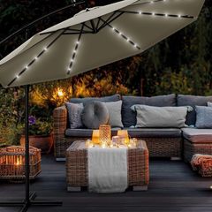 Aluminium LED Solar Cantilever Parasol, Diameter 300 cm, Sun Umbrella with Crank and On/Off Switch, Garden Parasol with UV Protection, Sun Shade with Stand, Market Umbrella, Waterproof