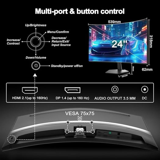 24 Inch Gaming Monitor 160Hz Full HD 1080P Curved Gaming Monitor  1500R VA Panel 1ms MPRT  sRGB110 Adaptive Sync Eye care VESA 75/75mm HDMI DP Prots