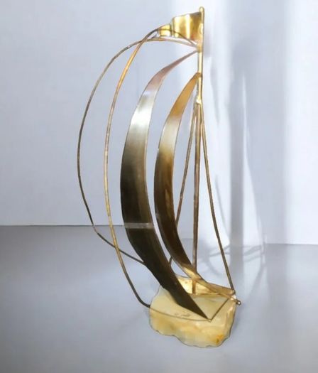 Brass sailing boat on crystal stand signed