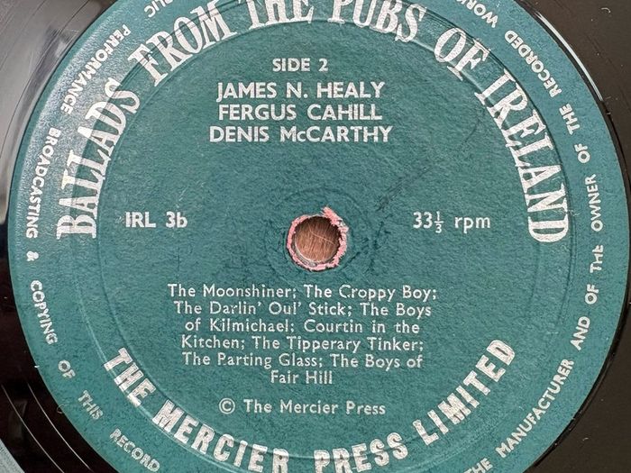 Ballads from the Pubs of Ireland. Rare release featuring Denis McCarthy, Fergus Cahill and James Healy. Vinyl is absolutely immaculate and looks unplayed. Cover is in really good condition also.