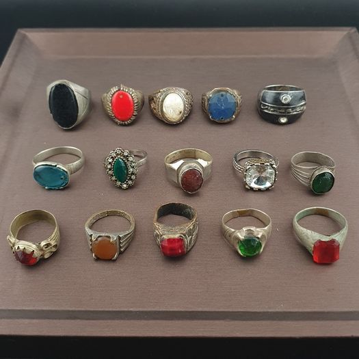 15 Antique Style Brass Rings Mixed Glass & Stone Ring Collection