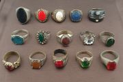 15 Antique Style Brass Rings Mixed Glass &amp; Stone Ring Collection