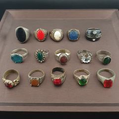 15 Antique Style Brass Rings Mixed Glass & Stone Ring Collection