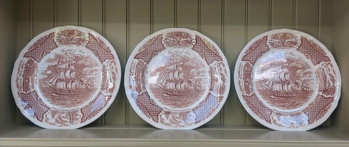 Vintage Set of Six Brown and White Fair Winds, Historical Scenes of Chinese Export to America - "The Friendship of Salem" Large Dinner Plates by Alfred Meakin