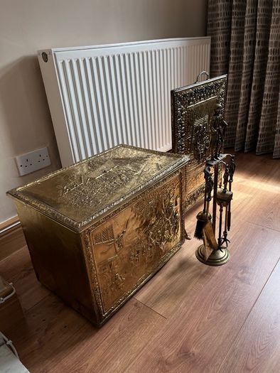 Vintage Brass Fireplace Companion Set & Coal Box