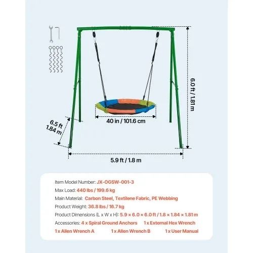 Swing Set for Backyard, 100 cm Saucer Swing Seat with Heavy Duty A-Frame Metal Stand, 199.6 kg Load Capacity, Reinforced with Spiral Ground Anchors, Swingset Outdoor for Kids, Green and Colorful
