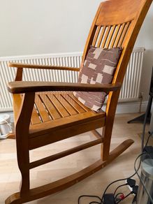 Solid Wood Rocking Chair with Slatted Seat and Back Rustic Finish with Cushion