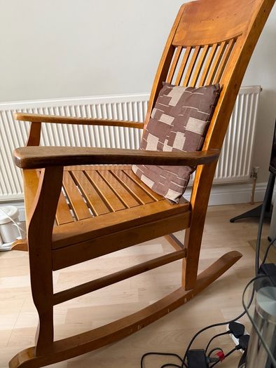 Solid Wood Rocking Chair with Slatted Seat and Back Rustic Finish with Cushion