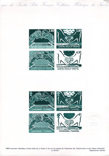 1994 Great Britain & France Joint Issue Presentation Pack to celebrate opening of Channel Tunnel with set of each countries Commemorative Stamps with First Day of Issue cancel incl embossed cancel