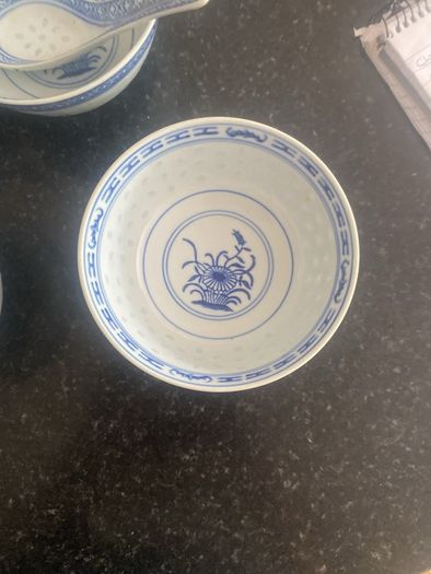 Set of 4 Blue & White Ceramic Rice/Soup Bowls with Matching Spoons