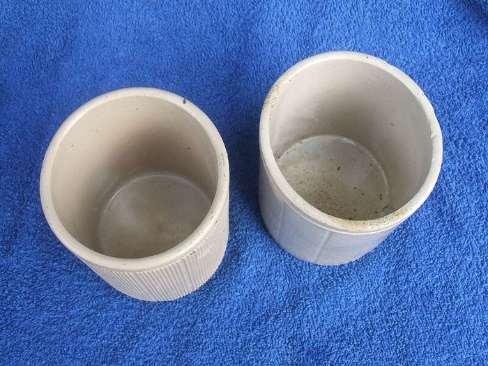 W. P. HARTLEY (jams, marmalades & jellies) - two antique stoneware jars, one with lighthouse imprint (c.1900)