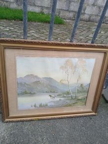 Stunning Antique Cattle watering picture