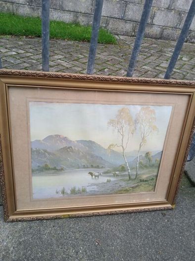 Stunning Antique Cattle watering picture