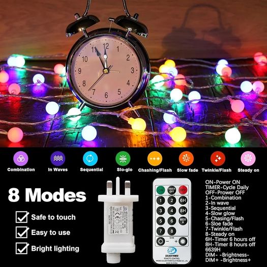 120LED Fairy Lights Plug in, 12M/39ft Globe String Lights, 8 Mode Christmas Lights Outdoor with Remote Control/Timer for Bedroom, Party, Decorations(Multi-Coloured)