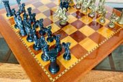 Vintage Marquetry Inlaid Wooden Chess Board with Ancient Roman Design Chess Pieces