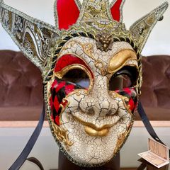 Authentic New Venetian Jester Mask In Red And Gold Italy