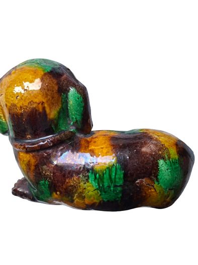 Chinese Antique 'egg and spinach'-glazed biscuit porcelain figure of a Dog Kangxi
