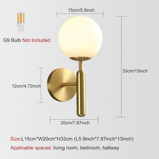Milky Glass Globe Wall Lamp Brushed Brass Wall Light for Indoor Bedroom Bathroom Living Room Hallway, Modern Wall Mount Light Fixture for Bedside Living Room
