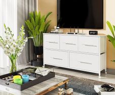 Dresser for Bedroom with 5 Fabric Drawers, TV Stand with 4 Castors, Storage Organizer Unit for Living Room Kids Room (White)
