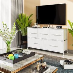 Dresser for Bedroom with 5 Fabric Drawers, TV Stand with 4 Castors, Storage Organizer Unit for Living Room Kids Room (White)
