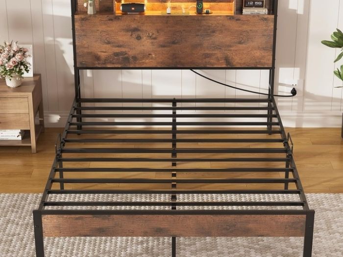 4ft6 Double Bed Frame with Storage Wooden Headboard | LED Light & Charging Station, Platform Metal Bed Frame Double with Underbed Storage