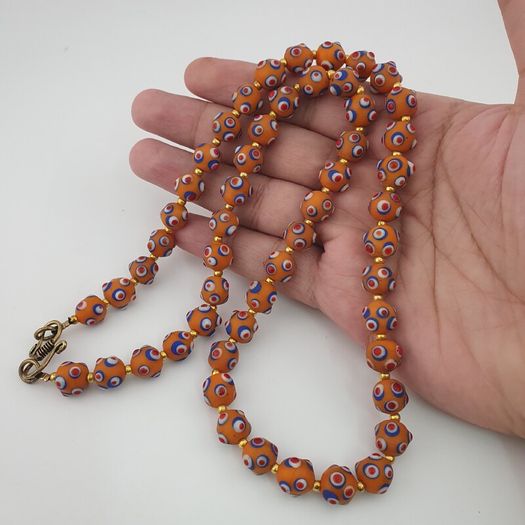 Antique Venetian Style Skunk Eyes Orange Glass Beads Necklace