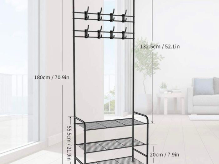 Coat Rack Shoe Bench with 16 Hooks, Metal Coat Hat Rack Free Standing Clothes Stand with 3-Tier Shoe Rack Bench, Hat Umbrella Stand Hallway Organiser, 3-in-1 Hall Tree with Metal Frame