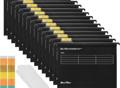 Suspension Files, MerryNine 15PCS Polypropylene Filing Cabinet Suspension Files with Tabs and Card Inserts for School Home Work Office Organization Check Size Before Ordering Black, A4
