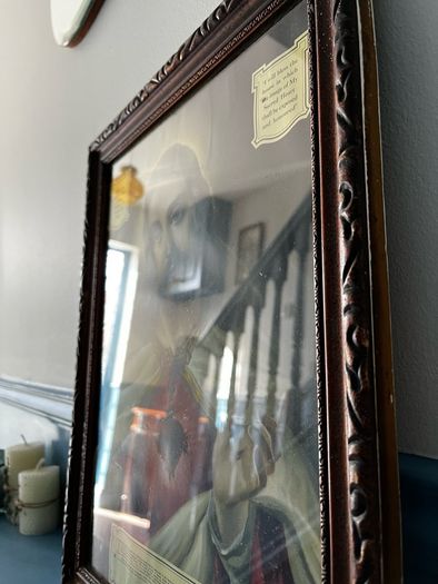 Antique Sacred Heart of Jesus Chromolithograph Framed c.1930s