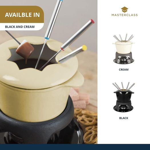 MasterClass Cast Iron Fondue Set, Fondue Pot with 6 Forks and Cast Iron Enamelled Bowl, Superior Heat Retention & Adjustable Burner, Gift Boxed, Cream, 21x18cm