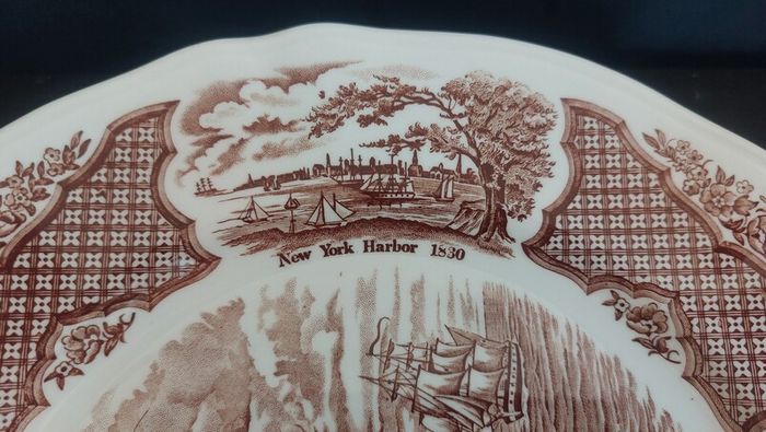 Vintage Set of Six Brown and White Fair Winds, Historical Scenes of Chinese Export to America - "The Friendship of Salem" Large Dinner Plates by Alfred Meakin