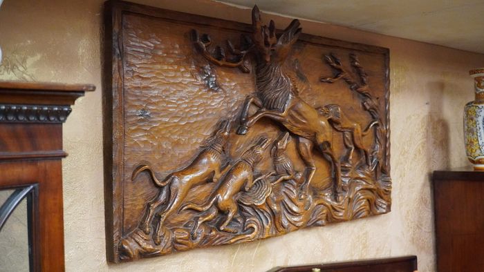 Large Hand-Carved Wooden Hunting Scene Relief Panel