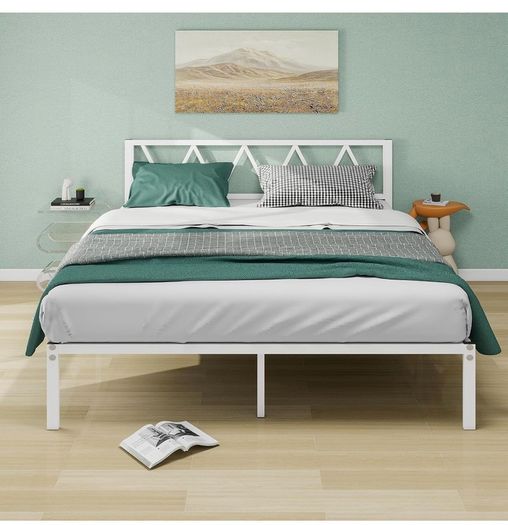 King Size Bed Frame with Headboard, Heavy Duty Metal Under Bed Storage, No Box Spring Needed, Easy Assembly, White