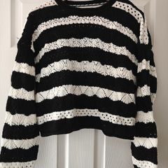 black and white striped crochet knit sweater for ladies, Large size , Casual wear