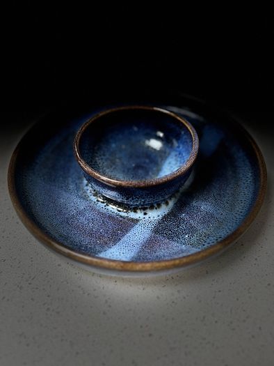 Irish Handmade Ceramic Dip Bowl / Speckled Blue Rustic Stoneware Chip & Crudite Platter